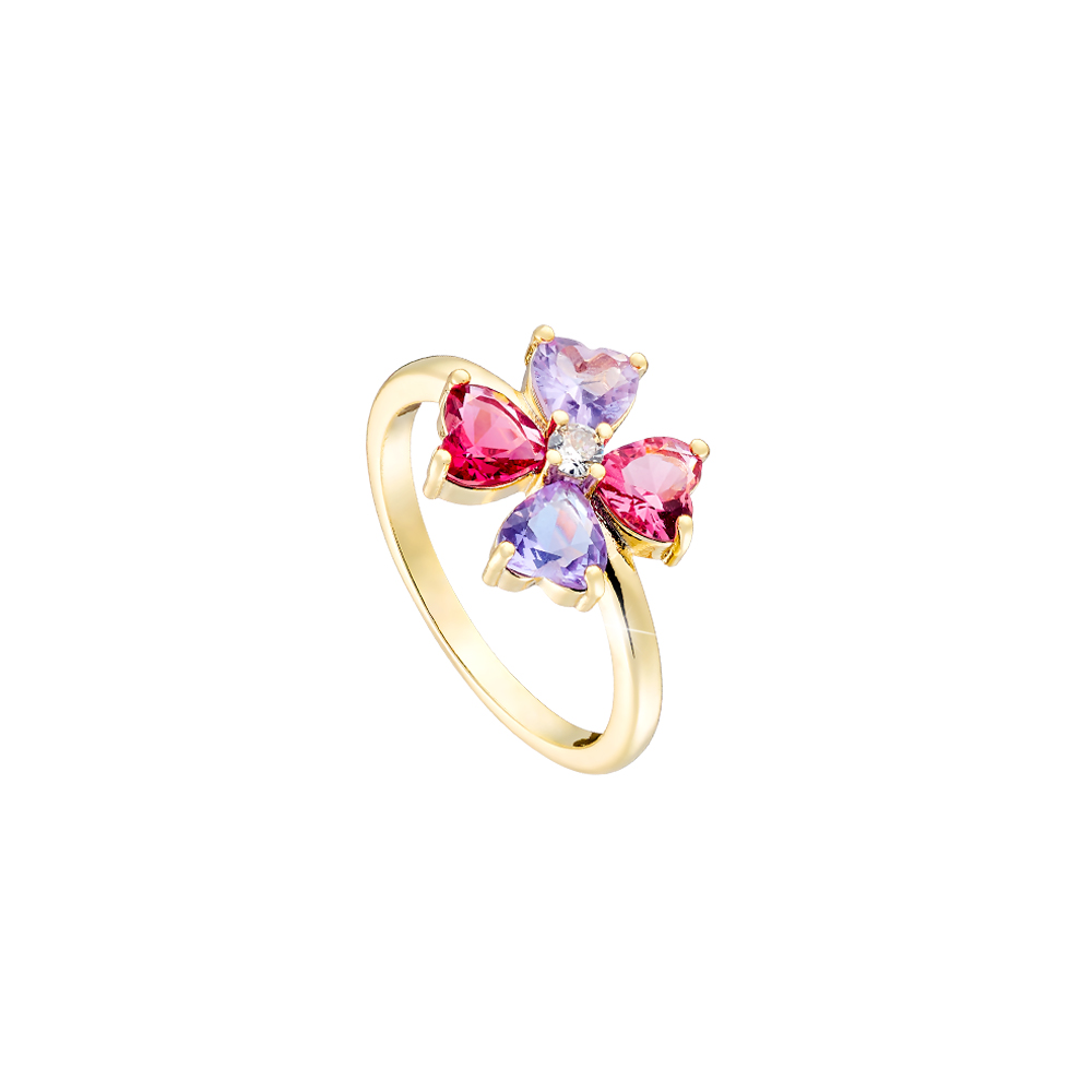 Inel placat cu aur galben de 18 K decorat cu trifoi si pietre colorate Happy Hearts, 04L15-00678, Oxette Romania