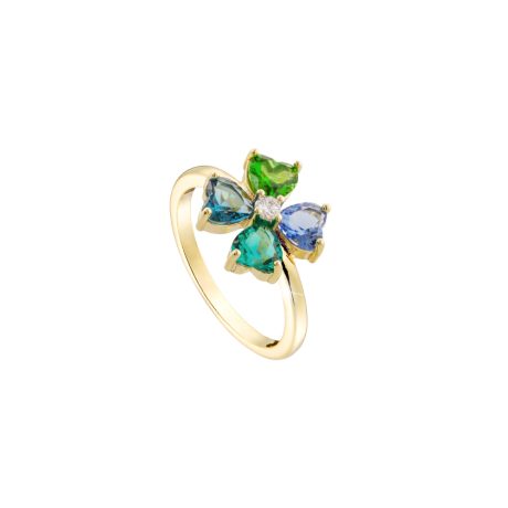 Inel placat cu aur galben de 18 K decorat cu trifoi si pietre multicolore Happy Hearts, 04L15-00679, Oxette Romania