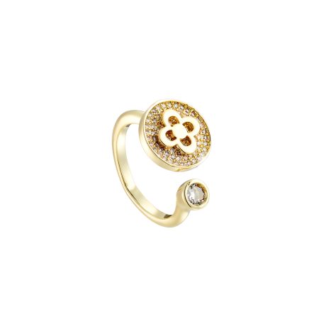 Inel placat cu aur de 18K cu floare si pietre cubic zirconia incolore Blooming, 04L15-00700, Oxette Romania