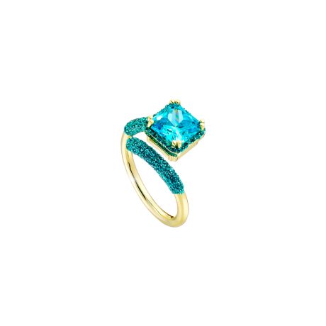 Inel placat cu aur galben de 18K cu glitter si piatra zirconia albastra Starstruck, 04L15-00737, Oxette Romania