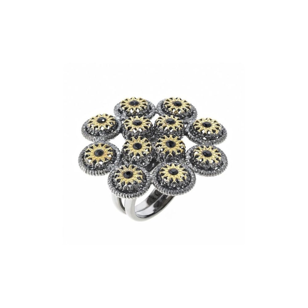 Inel statement din argint placat cu rodiu si aur galben de 18 K cu pietre negre Icon, 04X01-03093-, Oxette Romania