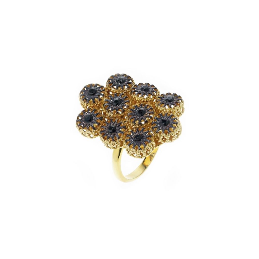 Inel argint placat cu ruteniu si aur galben de 18 K cu cristale negre Icon, 04X05-00577-2, Oxette Romania