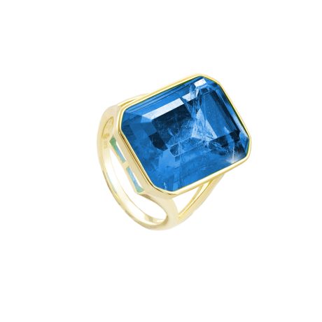 Inel argint placat cu aur galben de 18 K decorat cu piatra dreptunghiulara albastra Sirene, 04X05-01698, Oxette Romania