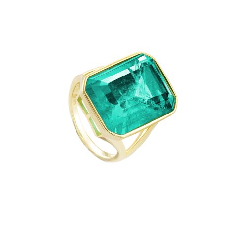 Inel argint placat cu aur galben de 18 K decorat cu piatra dreptunghiulara verde Sirene, 04X05-01699, Oxette Romania