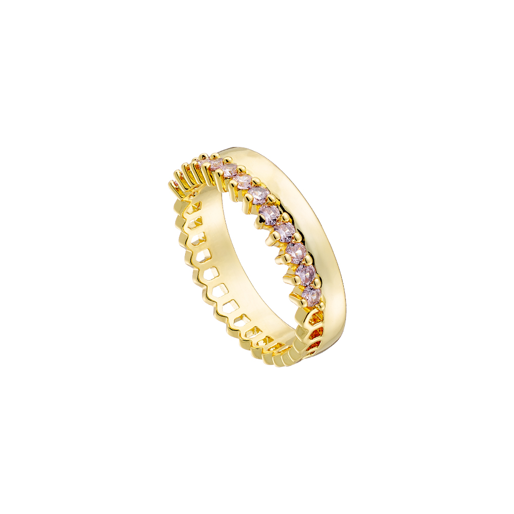 Inel tip verigheta placat cu aur galben de 18 K si decorat cu pietre cubic zirconia roz Crown, 04X15-00305, Oxette Romania