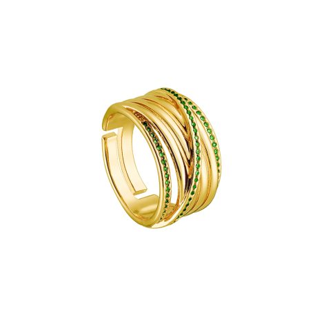 Inel lat placat cu aur galben de 18 K decorat cu pietre cubic zirconia verzi Twist, 04X15-00322, Oxette Romania