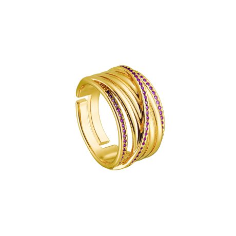 Inel lat placat cu aur galben de 18 K decorat cu pietre cubic zirconia mov Twist, 04X15-00323-1, Oxette Romania