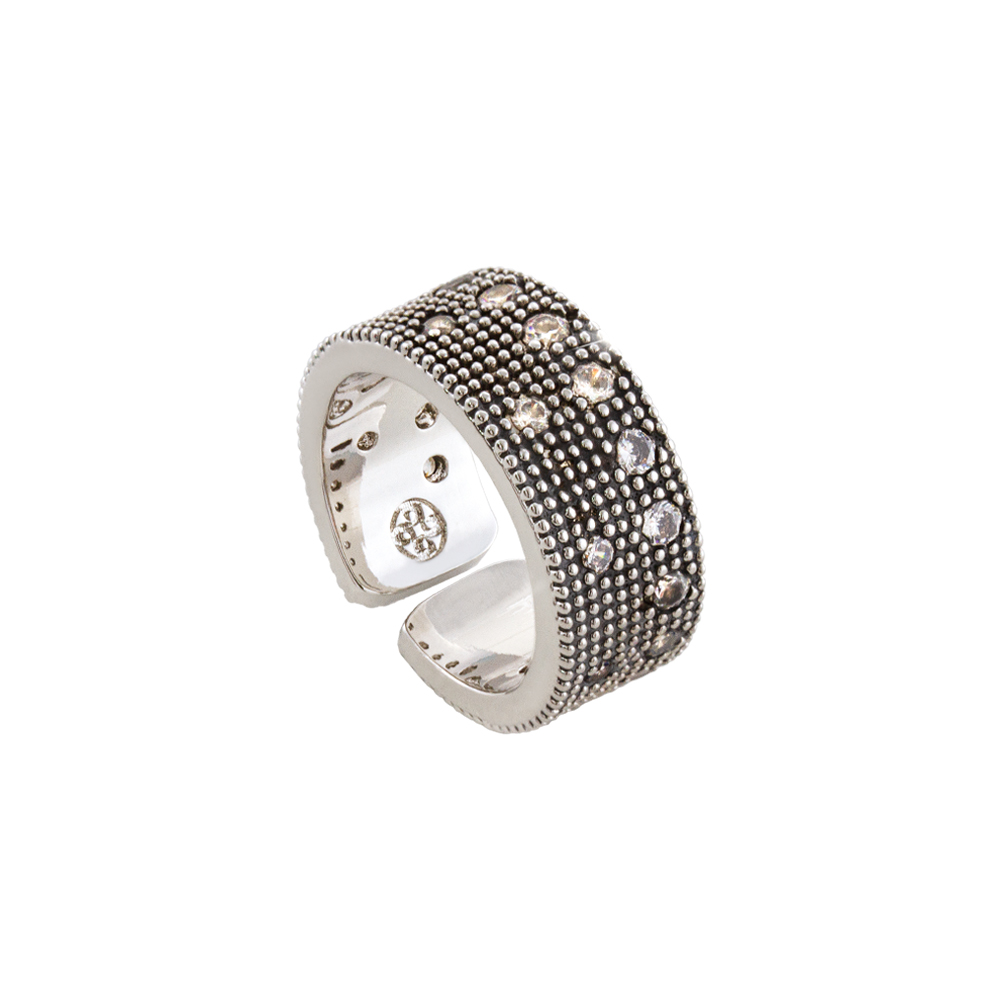 Inel tip verigheta placat cu ruteniu si rodiu si decorat cu pietre cubic zirconia incolore Natrix, 04X15-00335, Oxette Romania