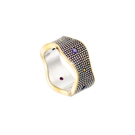 Inel ondulat placat cu aur galben de 18 K si ruteniu decorat cu pietre multicolore Natrix, 04X15-00342, Oxette Romania