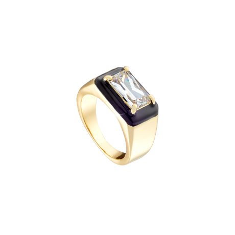 Inel statement placat cu aur de 18K cu piatra zirconia si email negru Darling, 04X15-00374, Oxette Romania