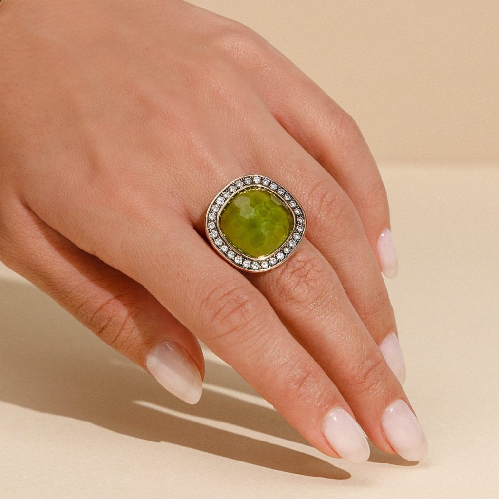 Inel statement placat cu aur roz de 18 K cu piatra cubic zirconia verde Darling, 04X15-00386-3, Oxette Romania