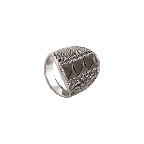 Inel statement placat cu rodiu cu 3 piramide si pietre zirconia negre Natrix Bis, 04X15-00430, Oxette Romania