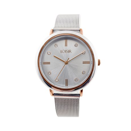 Ceas dama bicolor placat cu aur cu cadran alb si bratara mesh Polish, 11L03-00535, Oxette Romania