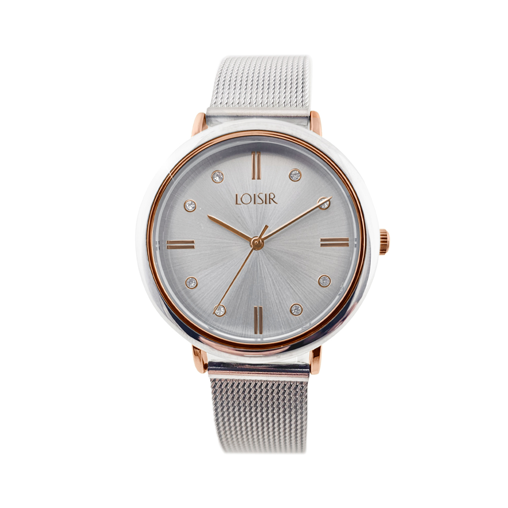 Ceas dama bicolor placat cu aur cu cadran alb si bratara mesh Polish, 11L03-00535, Oxette Romania