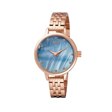 Ceas dama placat cu aur roz de 18 K cu bratara metalica si cadran cu sidef albastru Tropical, 11L05-00597, Oxette Romania