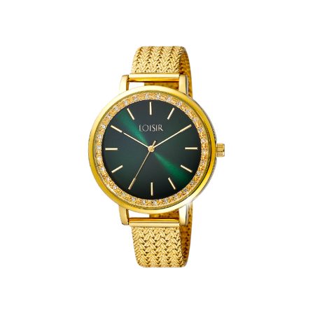 Ceas dama otel inoxidabil placat cu aur de 18K cu bratara mesh si cadran verde Saturn, 11L05-00680, Oxette Romania