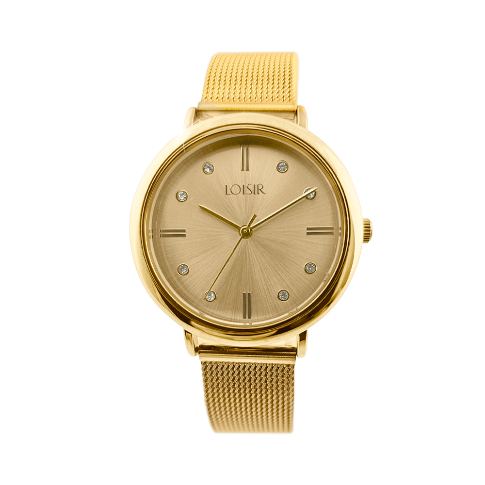 Ceas dama placat cu aur de 18K cu cadran alb si bratara mesh Polish, 11L05-00698, Oxette Romania