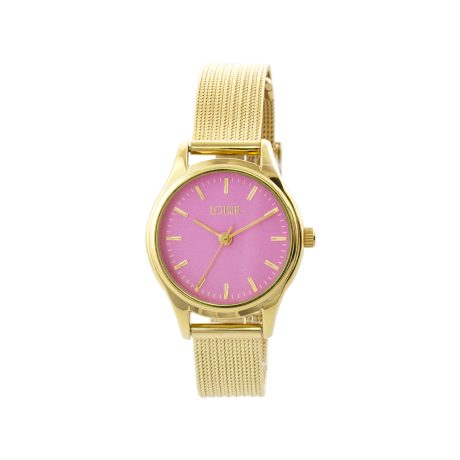 Ceas dama placat cu aur de 18K cu bratara mesh si cadran roz Mini Elegance, 11L05-00707, Oxette Romania