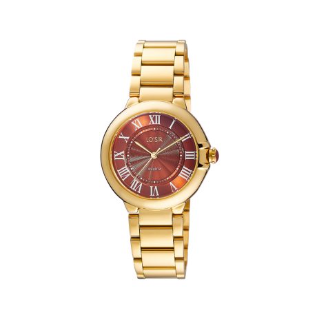 Ceas dama placat cu aur de 18K cu cadran maro si bratara metalica Timeless, 11L05-00734, Oxette Romania