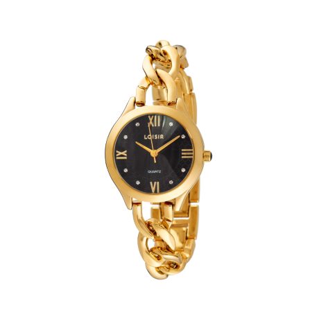 Ceas dama bijuterie placat cu aur de 18K cu cadran negru si bratara cu zale Girlie, 11L05-00740, Oxette Romania