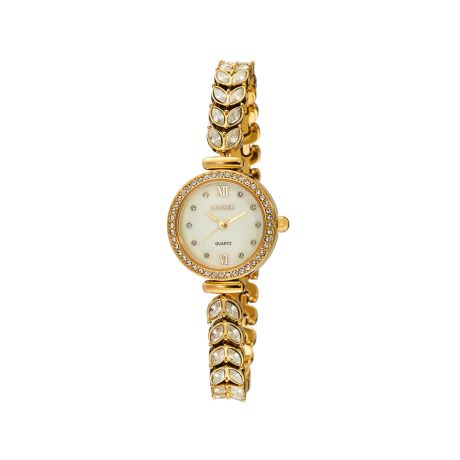 Ceas dama bijuterie placat cu aur de 18K cu pietre zirconia si cadran sidefat Moonflower, 11L05-00744, Oxette Romania