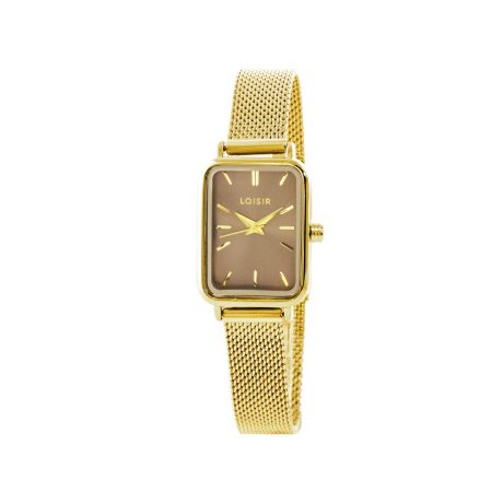 Ceas dama placat cu aur de 18K cu bratara mesh si cadran dreptunghiular maro Oldie, 11L05-00779, Oxette Romania