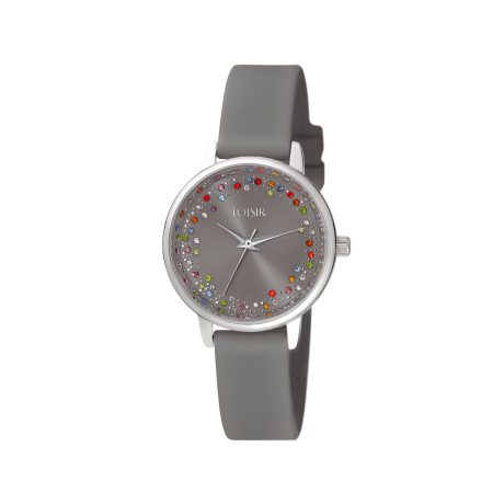 Ceas dama cu bratara din silicon gri si cubic zirconia multicolore Paloma, 11L07-00305, Oxette Romania