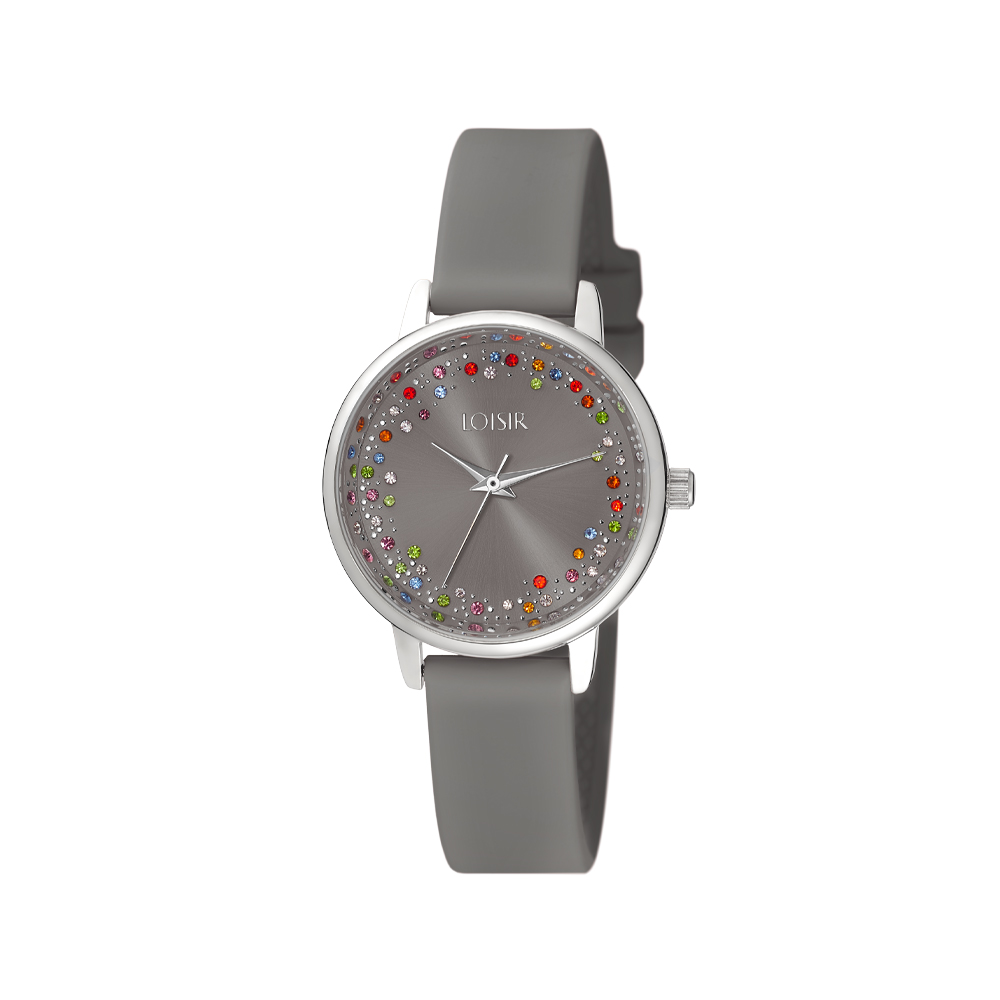 Ceas dama cu bratara din silicon gri si cubic zirconia multicolore Paloma, 11L07-00305, Oxette Romania