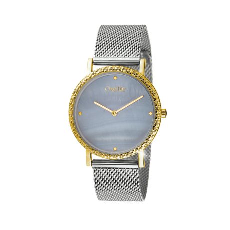 Ceas dama otel inoxidabil placat cu aur de 18K cu bratara mesh si cadran cu sidef gri Neon, 11X05-00812, Oxette Romania