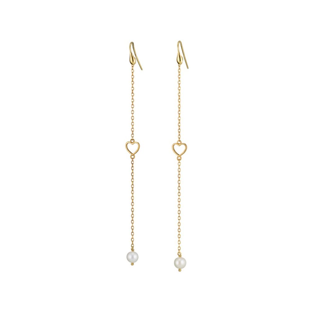 Cercei lungi placati cu aur galben de 18 K cu inimi si perle Feminity Oh La La, 03L15-00444-1, Oxette Romania