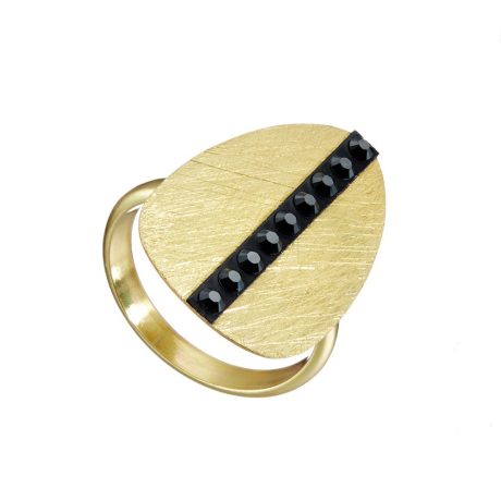 Inel argint placat cu aur galben sablat de 18 K forma alungita si pietre negre Sands of Gold, 04X05-01341-1, Oxette Romania