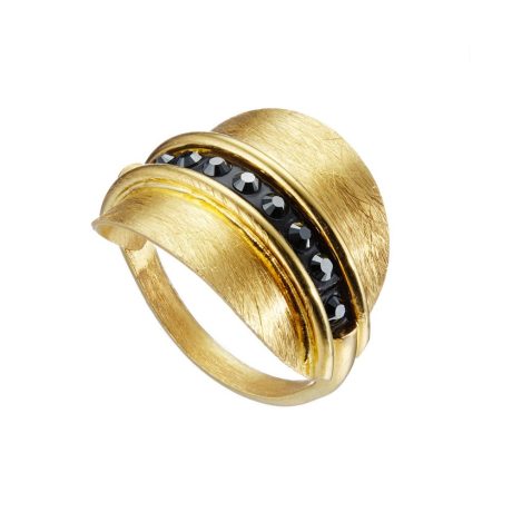 Inel argint placat cu aur galben de 18 K spectaculos decorat cu pietre negre Sands of Gold, 04X05-01346-1, Oxette Romania