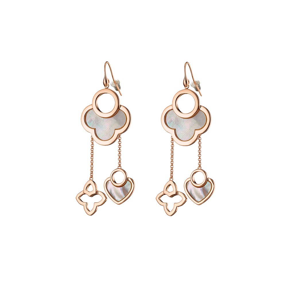 Cercei jucausi placati cu aur roz de 18 K decorati cu inimi si flori cu sidef Pretty, 03L15-00719-1, Oxette Romania