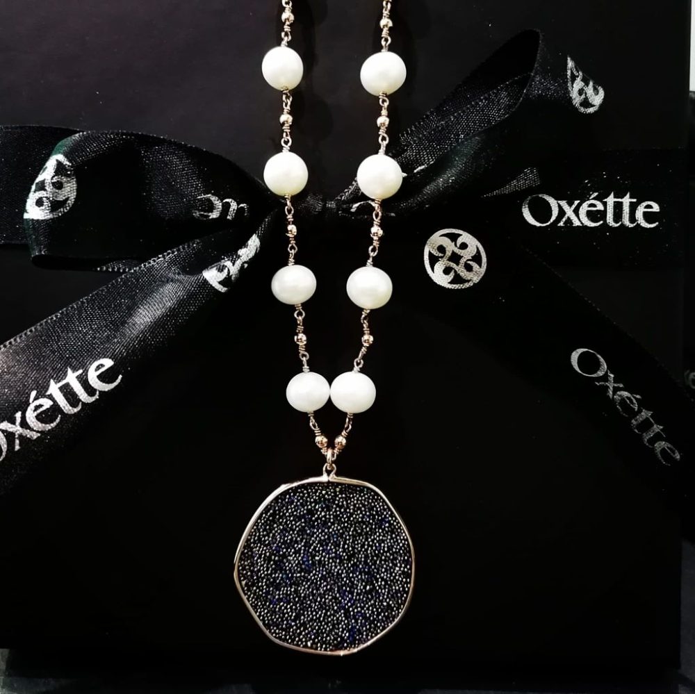 Colier din argint placat cu aur roz de 18 K cu perle si cristale naturale Meteorite, 01x01-04450-1, Oxette Romania