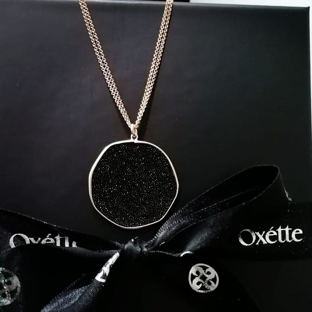 Colier din argint placat cu aur roz de 18 K cu cristale naturale negre Meteorite, 01X05-02512-3, Oxette Romania