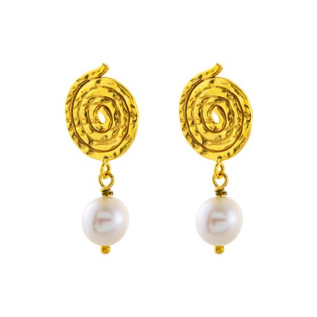 Cercei din argint placat cu aur galben de 18 K cu spirale si perle Helix, 03X05-02705, Oxette Romania