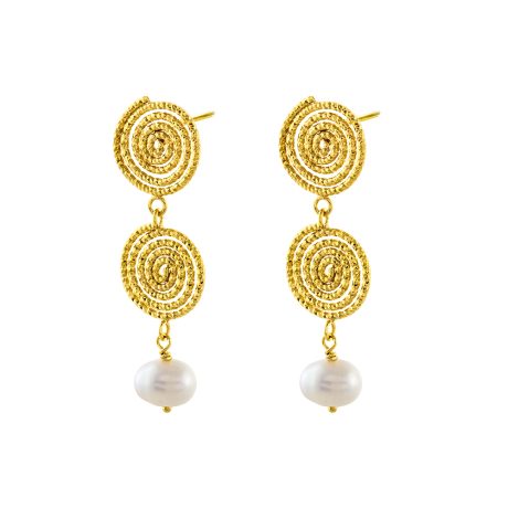 Cercei eleganti din argint placat cu aur galben de 18 K cu spirale si perle Helix, 03X05-02706, Oxette Romania