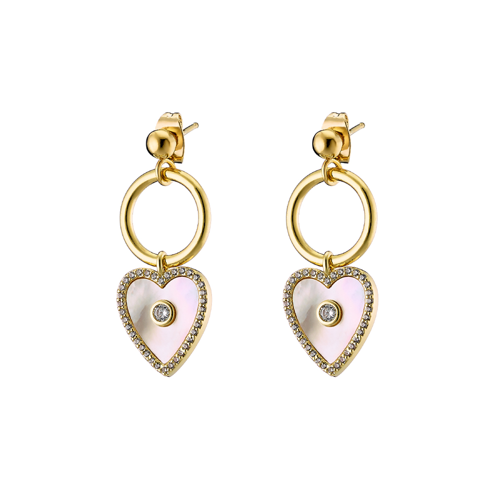 Cercei inima placati cu aur galben de 18 K decorati cu sidef si cristale Queen, 03L15-01001, Oxette Romania