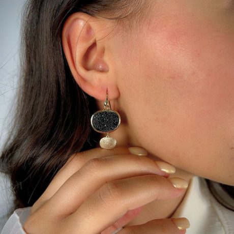 Cercei argint eleganti placati cu aur galben de 18K cu cristale caviar negre Sunset, 4, Oxette Romania