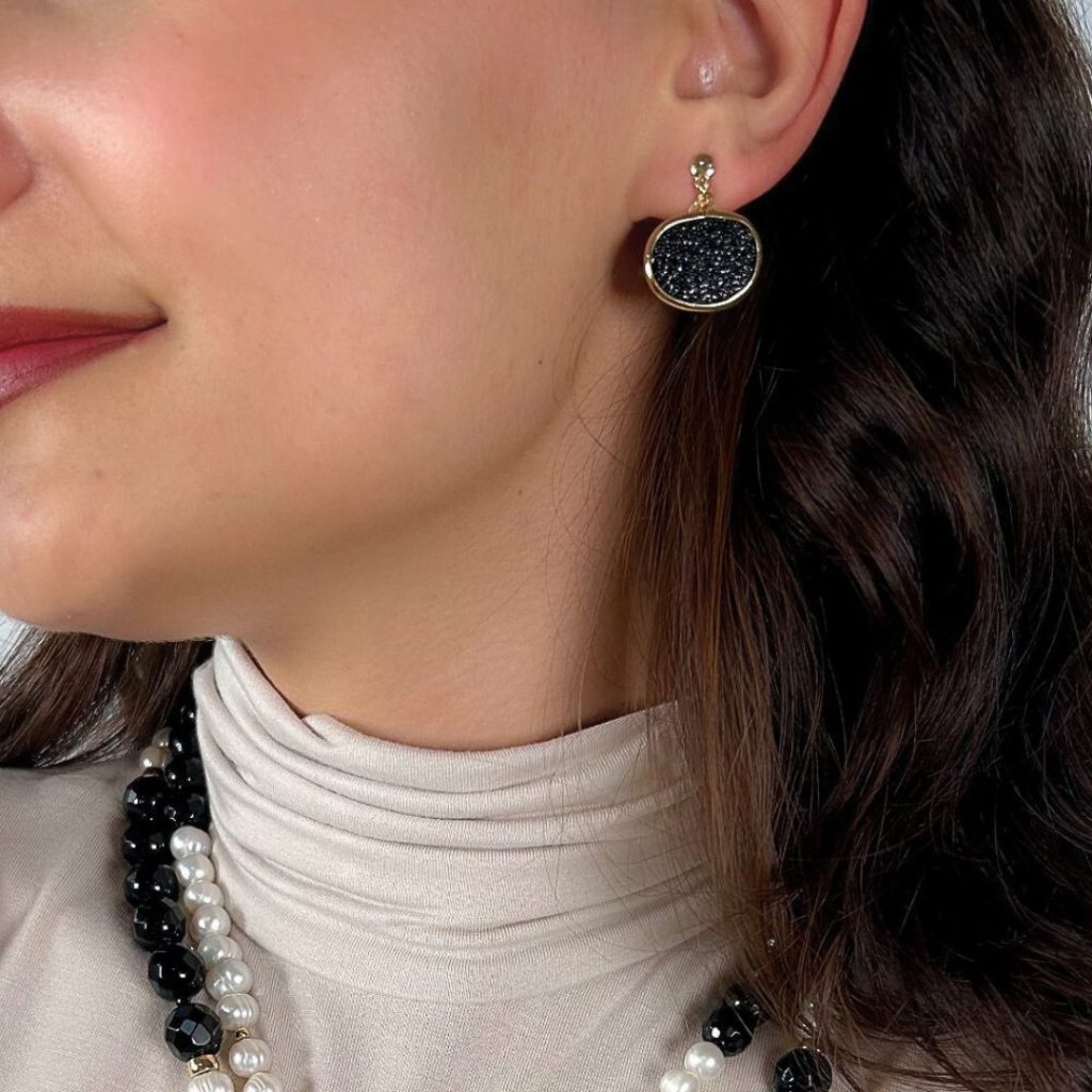 Cercei argint placati cu aur galben de 18K cu cristale caviar negre Sunset, 5, Oxette Romania