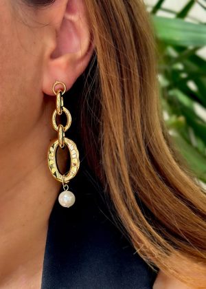 Cercei lungi cu zale placati cu aur galben de 18 K decorati cu perle Sunshine, 03X15-00492-2, Oxette Romania